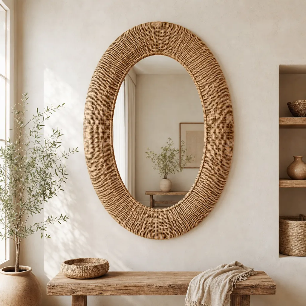 Collection Grand Miroir Mural Ovale en Rotin Signature